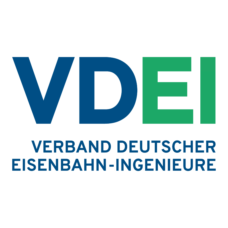 Logo VDEI: in dunkelblauer und zum Teil grüner Schrift der Text: VDEI Verband deutscher Eisenbahn-Ingenieure;