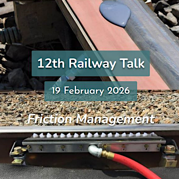 Im Hintergrund Bilder mit Eisenbahnen und Datennetzwerken, die das Thema illustrieren; davor der Text: 12th Railway Talk, 12 December 2026